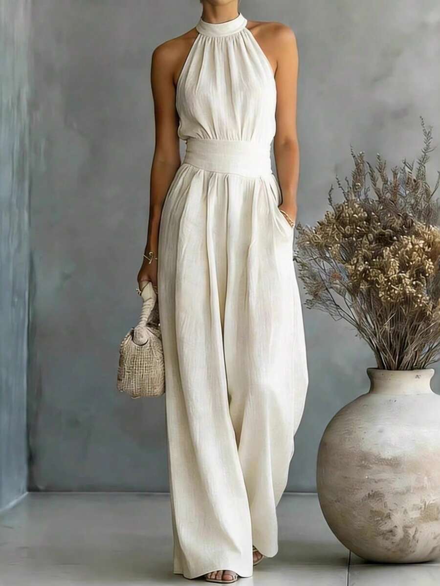 New Hit Jumpsuit For Women, Sleeveless, Halter Style, Loose And Wide Leg Cut, Fitted Waist, Flattering Design, Elegant, Perfect For Daytime Looks, Walks And Casual Occasions - 白色 - 查看 1