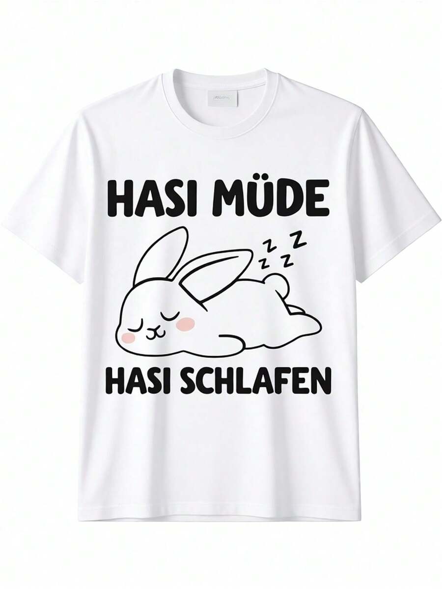 Funny Tired Rabbit Hasi T-Shirt | Black, Size S, Round Neck, Casual Style, Regular Fit, Short Sleeves, For All Seasons, Heat Transfer Print, Loose And Comfortable - [Banc] - View 1