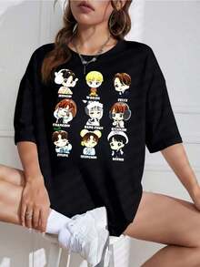 Camiseta Unisex con Estampado Chibi K-Pop, Cuello Redondo, Manga Corta, Diseño Casual, Ideal para Fans - Negro - Ver 9