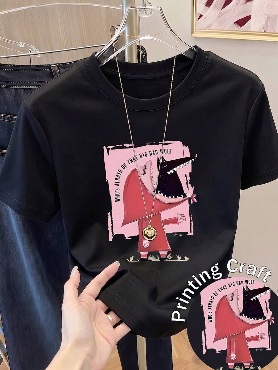 Camiseta de manga corta con estampado para mujer, ropa de primavera, atuendo para festividades, blanca para verano, look playero, estilo vacacional, estilo rural, atuendo de oficina para mujer. - Negro - Ver 1