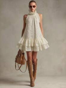 Vacaciones retro vestido de minifalda con encaje beige sin mangas y volantes - Blanco - Ver 2
