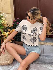 Blusa de manga corta con estampado floral y borde con volantes, estilo de vacaciones de verano para mujer - Multicolor - Ver 5