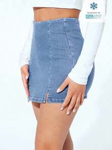 Falda pantalón informal de mezclilla con corte alto y dobladillo con doble abertura para mujer - Azul - Ver 3