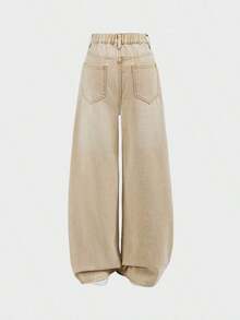 Pantalones vaqueros holgados de estilo casual con bolsillos y patas anchas para adolescentes, jeans de verano. - Caqui - Ver 2