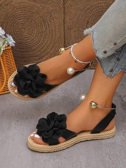Summer New 3D Floral One-Strap Sandals, Faux Straw Flat Pearl Buckle, Versatile Fairy Style Women Shoes