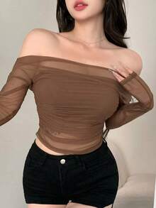 Blusa de mujer de malla elástica transparente con hombros descubiertos, blusa de manga larga para mujer de primavera/verano - Marrón - Ver 6