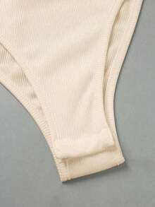 Elegante body de punto blanco con cuello vuelto y media cremallera, body de mujer para primavera/verano, ideal para vacaciones y playa - Caqui - Ver 7