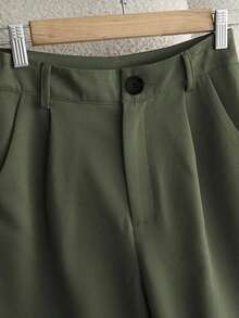 Pantalones casuales sueltos con bolsillos plisados de unicolor para mujer - Verde militar - Ver 3