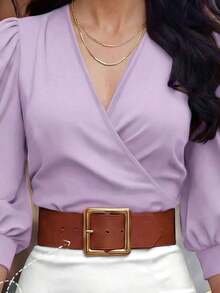 Blusa corta de mujer con cuello en V, manga de pétalo con lunares, cintura ceñida, nueva para primavera/verano - Púrpura malva - Ver 3