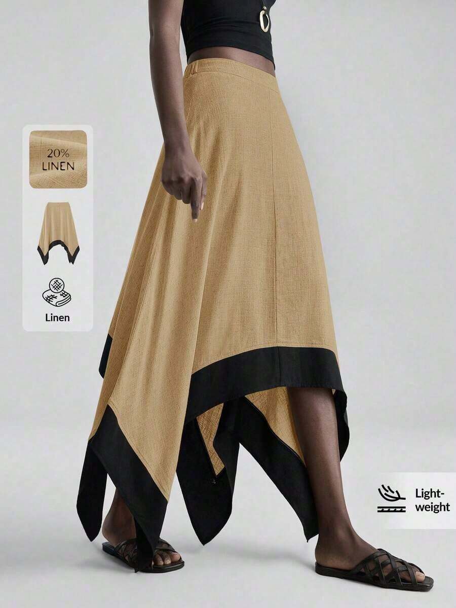Ontre 2026 Falda asimétrica de mujer para primavera/verano, tela de lino suave a la piel, con ribete de color contrastante, atuendo elegante y moderno para invitada de boda, con sensación de lujo romántico minimalista francés, estilo urbano chic de oficina casual, estilo vintage de alta gama discreto, atuendo de alta calidad para aeropuerto/crucero, esencial para festival de Oriente Medio, tela premium versátil para todas las estaciones, falda de mujer para boda, uso en vacaciones/playa/oficina - Caqui - Ver 1