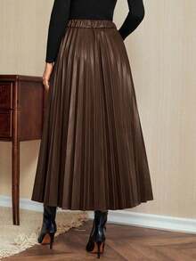 DECDS Falda plisada elegante vintage para mujer, de cuero sintético, para uso casual en la oficina, vacaciones, fiesta.Falda plisada maxi elegante en color borgoña, falda de cuero sintético elegante, falda plisada midi, falda borgoña, para otoño, invierno, Navidad, Acción de Gracias para mujeres - Caqui - Ver 7