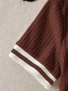 Camiseta corta de manga corta casual de patchwork de bloques de color - Café integral - Ver 3
