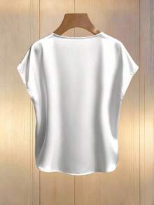 Blusa elegante de mujer con mangas de murciélago en color champán, cuello redondo decorado con perlas y manga corta, de tela de satén, adecuada para ir a trabajar y uso diario elegante - Blanco - Ver 2