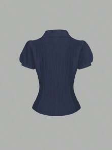 Blusa elegante de mujer con cuello en V y abotonadura sencilla, de manga corta y con rayas blancas, para primavera/verano - Azul marino - Ver 2