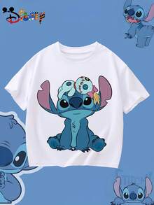 1pc Disney Boys & Girls Kids Lilo & Stitch Stitch T-Shirt - Cute Stitch & Scrump Back Print, Breathable Summer Short Sleeve Tee Suitable For 8-14 Years Boys & Girls, Birthday Outfit, School Uniform, Outdoor Play - Official Kids Apparel - 白色 - 查看 3
