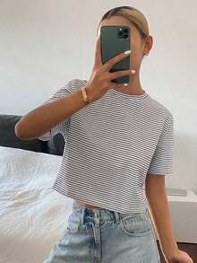 Camiseta de manga corta corta y holgada con rayas para mujer - Negro - Ver 4