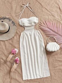 Vestido largo con espalda calada y lazo, cuello drapeado, lazo en la cintura, abertura alta, adecuado para vacaciones, festivales de música, estilo bohemio, vacaciones, citas, té de la tarde - Beis - Ver 9
