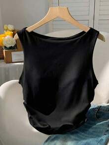 2 piezas Camiseta ajustada con pliegues versátil y casual para mujer - Negro 2 - Ver 3