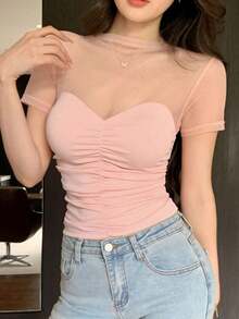 Blusa corta de manga corta de malla transparente elegante y ajustada para mujer, con parches de lunares de malla, ideal para primavera y verano, de uso versátil para San Valentín, boda, fiesta, banquete - Rosa 2 - Ver 6