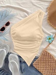 Blusa asimétrica de hombro con bajo asimétrico en color rojo rosa, ideal para vacaciones de verano - Albaricoque - Ver 6