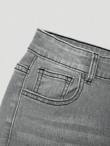 Explorewe Jeans de mezclilla estilo Y2K versátiles lavados y desgastados con pierna acampanada y elásticos para niñas adolescentes - Gris Claro 2 - Ver 4