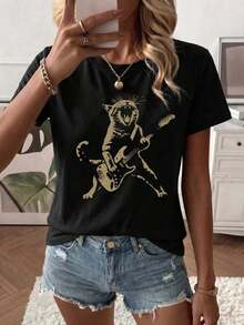 Camiseta de poliéster 100% algodón para mujer, informal, negra, de manga corta, cuello redondo, con estampado de gato rockero, corte regular. - Negro - Ver 9