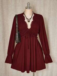 ICON Vestido mini de talla grande de unicolor casual con parches de encaje para mujer, ropa de otoño - Burdeos - Ver 1