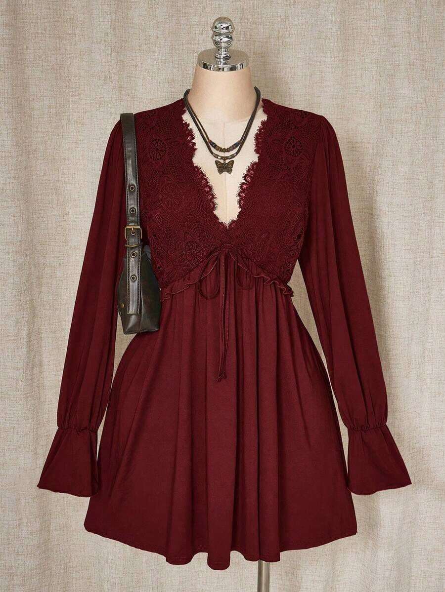 ICON Vestido mini de talla grande de unicolor casual con parches de encaje para mujer, ropa de otoño - Burdeos - Ver 1