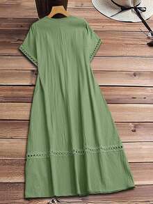 Vestido casual holgado de unicolor con cuello en V y mangas cortas para mujer de talla grande - Dark Gold - Ver 3