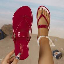 Women's Fashion Rhinestone Bow Tie Strap Flip Flops, Casual Versatile Beach Vacation Party Indoor & Outdoor Sandals, Summer New Arrival - Red - View 16