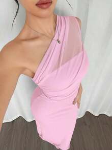 Vestido largo ajustado con cuello asimétrico elegante y romántico, adecuado para fiestas, playa, vuelta al colegio, citas románticas, temporada de bodas, cumpleaños, Pascua, primavera/verano - Rosa 2 - Ver 6