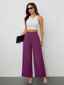 Pantalones anchos de cintura alta con textura, de estilo simple y casual, apropiados para la vuelta al cole y para uso diario - Rojo violeta - Ver 4