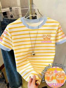 Camiseta de mujer de manga corta con cuello redondo, estampado de rayas y cara sonriente de dibujos animados, versátil para uso diario - Multicolor 4 - Ver 7