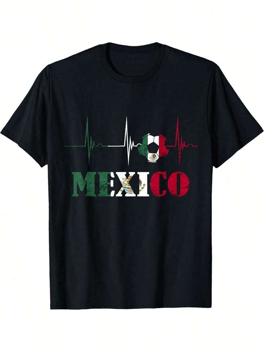 Camiseta con la bandera del fútbol mexicano y el latido de EKG, bola negra - Negro - Ver 1