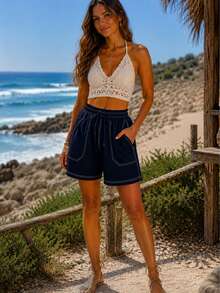 Bermuda ligera mujer short unicolor con costura de contraste, pantalón corto con cintura ajustable dama para vacaciones - Azul Marino - Ver 3