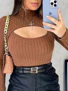 Women's Long Sleeve Bodysuit - Rust Brown - View 4
