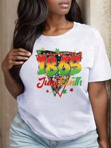 Mujer Camiseta de manga corta con estampado térmico de números degradados coloridos, diseño de letras y estrellas en tonos verde y rojo, estilo moderno - Blanco - Ver 7