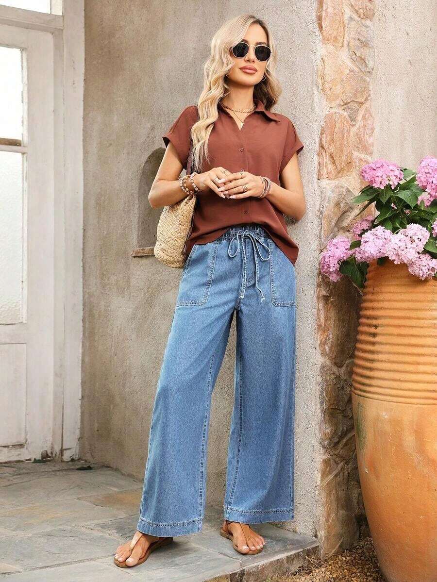 Jeans de pierna ancha con cintura con cordón y bolsillos, de uso versátil y casual para uso diario - Azul lavado medio - Ver 1