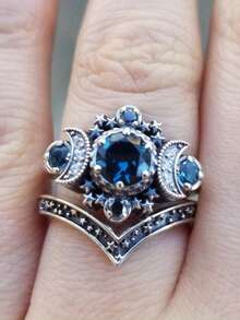 两件套复古哥特风男士月亮星星订婚戒指套装，黑色男女通用戒指，周年纪念珠宝礼物 - 復古銀色 - 查看 1