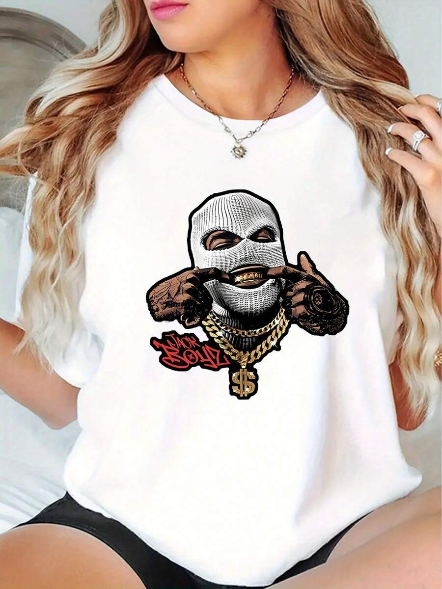 Fashionable Women's T-Shirt With Hip Hop And Gangster Pattern Print, 100% Cotton, Round Neck, Short Sleeve, Simple And Casual Style, Comfortable Sports T-Shirt For Summer, Ideal For Vacation And Casual Daily Wear. - 白色 - 查看 1
