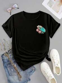 Women's Casual Summer Vacation Short Sleeve T-Shirt, Fashionable Western Retro Style With Letter Print, Hearts, Sheep Head And Cherries, Round Neck. Loose, Casual And Versatile T-Shirt, Y2k Style. - 黑色 - 查看 3