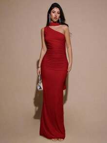 Vestido de malla ajustado con drapeado asimétrico, elegante y sexy vestido de gala para fiesta, boda, cumpleaños, Navidad, Halloween - Amarillo claro - Rojo - Ver 7