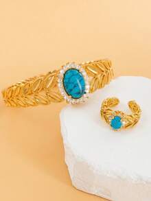 Set Gelang dan Cincin Terbuka Bertatahkan Turquoise 2 Buah, Modis dan Personal, Cocok untuk Pemakaian Sehari-hari, Hadiah. - Emas - View 3