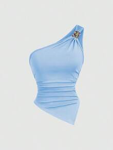 Blusa de unicolor minimalista con cuello asimétrico y hebilla de metal para mujer - Multicolor 6 - Ver 5
