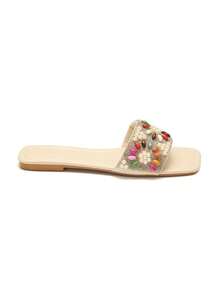 Trivaya Minimalist Fashion Comfortable Beaded Slippers For Women, Versatile Outdoor Wear, Summer New Rhinestone Flat Sandals,Beach Outfits - Beige - View 6
