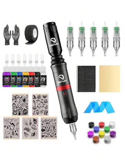 DQFART Wireless Tattoo Gun Kit, Includes Tattoo Machine, Power Supply, All-In-One Tattoo Pen, Complete Tattoo Set (Tattoo Needles, Tattoo Ink, Tattoo Supplies), Suitable For Beginners And Tattoo Artists