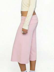 Y2K Fold-Over Waist Wide Leg Cropped Culottes, Low-Rise Casual Knit Pants For Women, Multi-Color Options - 粉色 - 查看 3