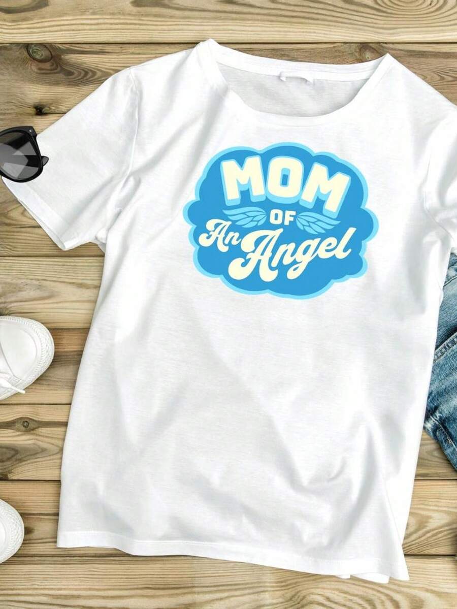 Camiseta conmemorativa "Mamá de un ángel", estampado de alas de ángel. Camiseta unisex de algodón puro de 220 g. Peso ideal para todas las estaciones, apta tanto para hombres como para mujeres. Tejido duradero de alta calidad, suave al tacto y de larga duración. Transpirable. Adecuada para la primavera y el verano, vacaciones, Día de la Madre y Día de la Independencia. - Blanco - Ver 1