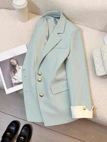 Blazer casual con cuello de solapa y botones para mujer, primavera - Verde - Ver 2
