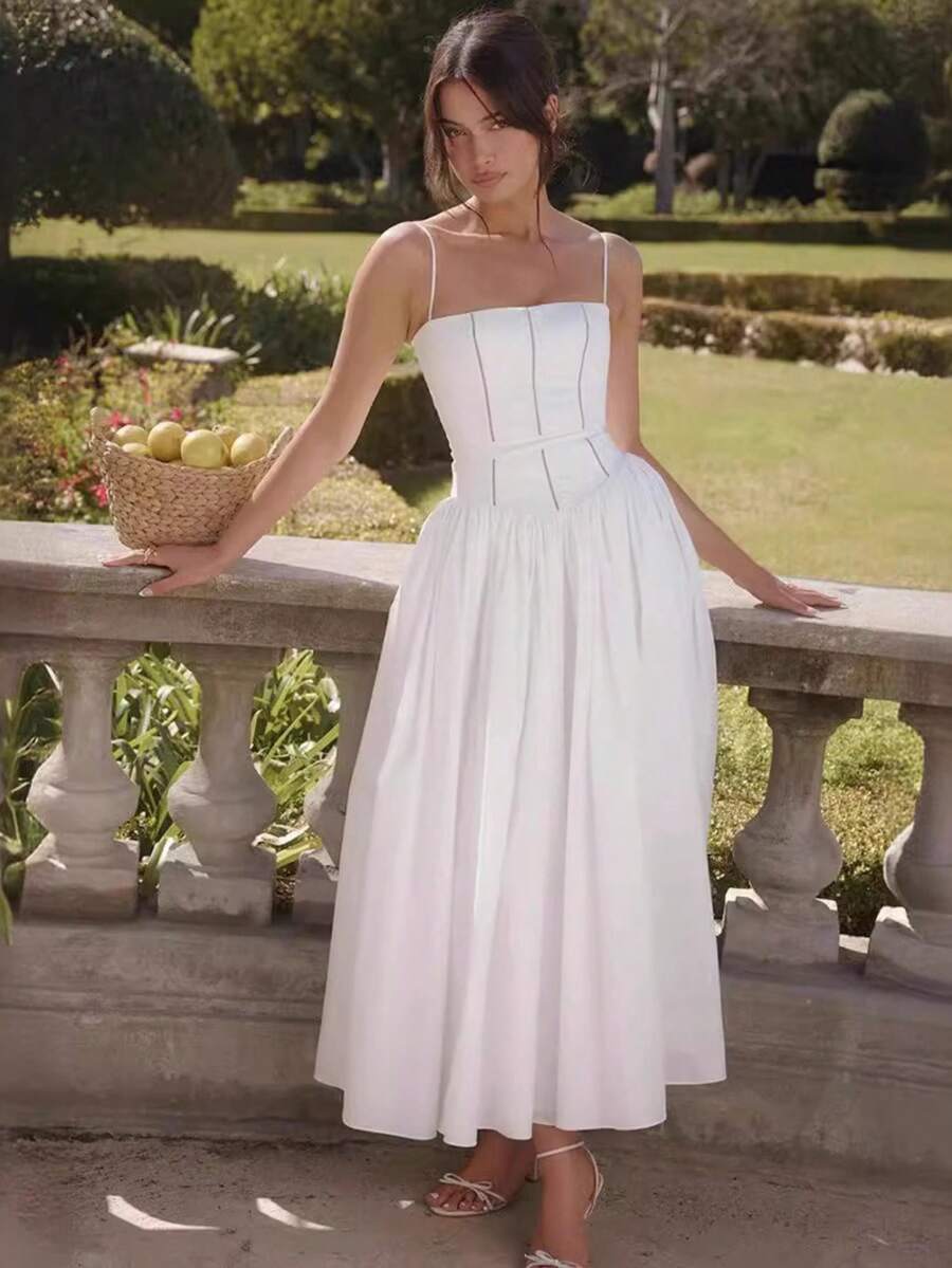 Nueva Llegada Vestido Sin Tirantes Estampado Floral Estilo Suave Elegante - Blanco - Ver 1
